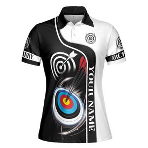 Polo 3D para mujer con nombre personalizado y dianas de tiro con arco, blanco y negro, tallas S-5XL