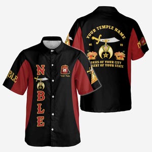 May include: Black button-up shirt with red sleeves and accents. The shirt features the word "NOBLE" in gold lettering, along with a sword and crescent moon emblem. The back of the shirt displays text and a similar emblem.