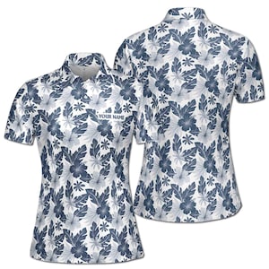 Custom Name Gray Floral Palm Leaf Women&#39;s Polo Shirt S-5XL