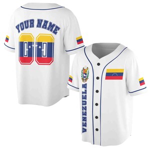 Camisa de beisebol personalizada com nome, número, bandeira e brasão da Venezuela, tamanhos P a 5XG.
