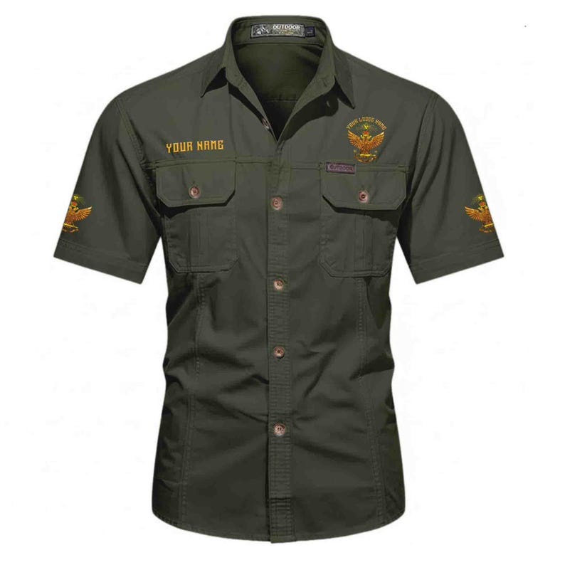 Camisa de trabajo de manga corta con nombre personalizado de la Logia del Rito Escocés Military Green