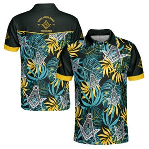 Customize Name Masonic Freemasonry Lodge Tropical Plants Men&#39;s Polo Shirt S-5XL