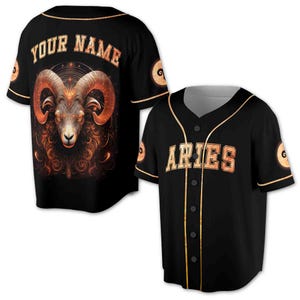 May include: Black baseball jersey with gold trim and a ram head graphic. The jersey has the word "ARIES" on the front and "YOUR NAME" on the back.