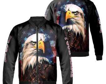 Custom Name Retro Grunge American Eagle Art, American Flag Patriotic Unisex Bomber Jacket S-5XL