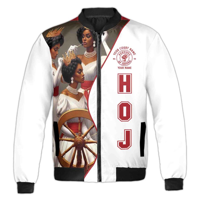 May include: White bomber jacket with a black zipper and black ribbed cuffs. The jacket features a colorful illustration of three women with spinning wheels and the text "Your Court Name Heroines of Jericho Your Name HOJ".