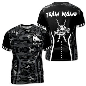 Custom Name Black White Camouflage Stripes 8-Ball Billiard Men&#39;s T-Shirt S-5XL