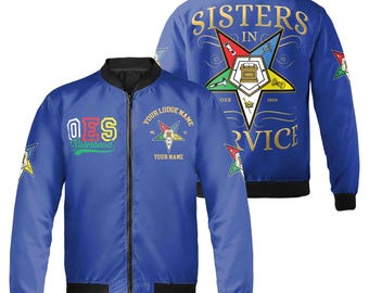 May include: Blue bomber jacket with a gold embroidered star and the text "Sisters in Service" on the back. The front of the jacket has a gold embroidered star and the text "OES Sisterhood" on the left side and "Your Lodge Name" and "Your Name" on the right side.