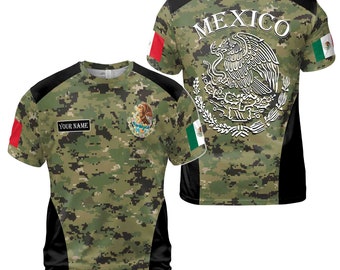 Custom Name Pixel Camo Mexico Coat of Arms Mexico Patriotic Men's T-shirt S-5XL