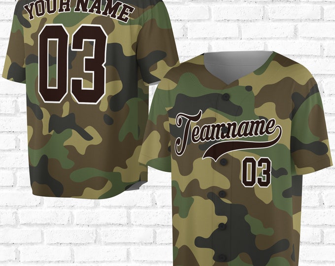 Personalisieren Sie Namen, Nummer und Teamname Camo Brown Salute Baseball Sportfan Geschenk 3D All Over Print Baseball Jersey Shirt Größe S-5XL