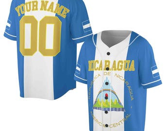 Personalized Name Number Nicaragua Flag Coat of Arms Patriotic Baseball Jersey S-5XL
