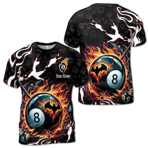 Customized Name Flaming 8-Ball Billiard T-Shirt S-5XL