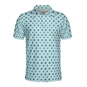 May include: A light blue short-sleeved polo shirt with a repeating pattern of dark blue middle fingers.