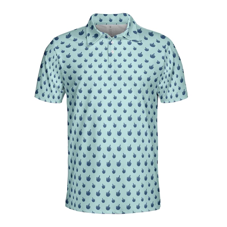 May include: A light blue short-sleeved polo shirt with a repeating pattern of dark blue middle fingers.