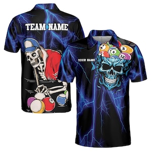 Personalized Blue Lightning Skull Love Billiard Men&#39;s Polo Shirt S-5XL