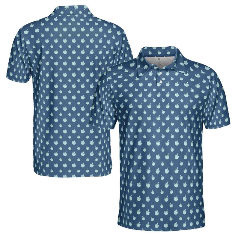 May include: A blue polo shirt with a white pattern of small hand gestures. The shirt has a collar and short sleeves.