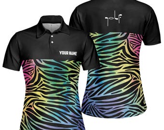 Custom Name Golf Colorful Zebra Patten Golfer Women's Polo Shirt S-5XL