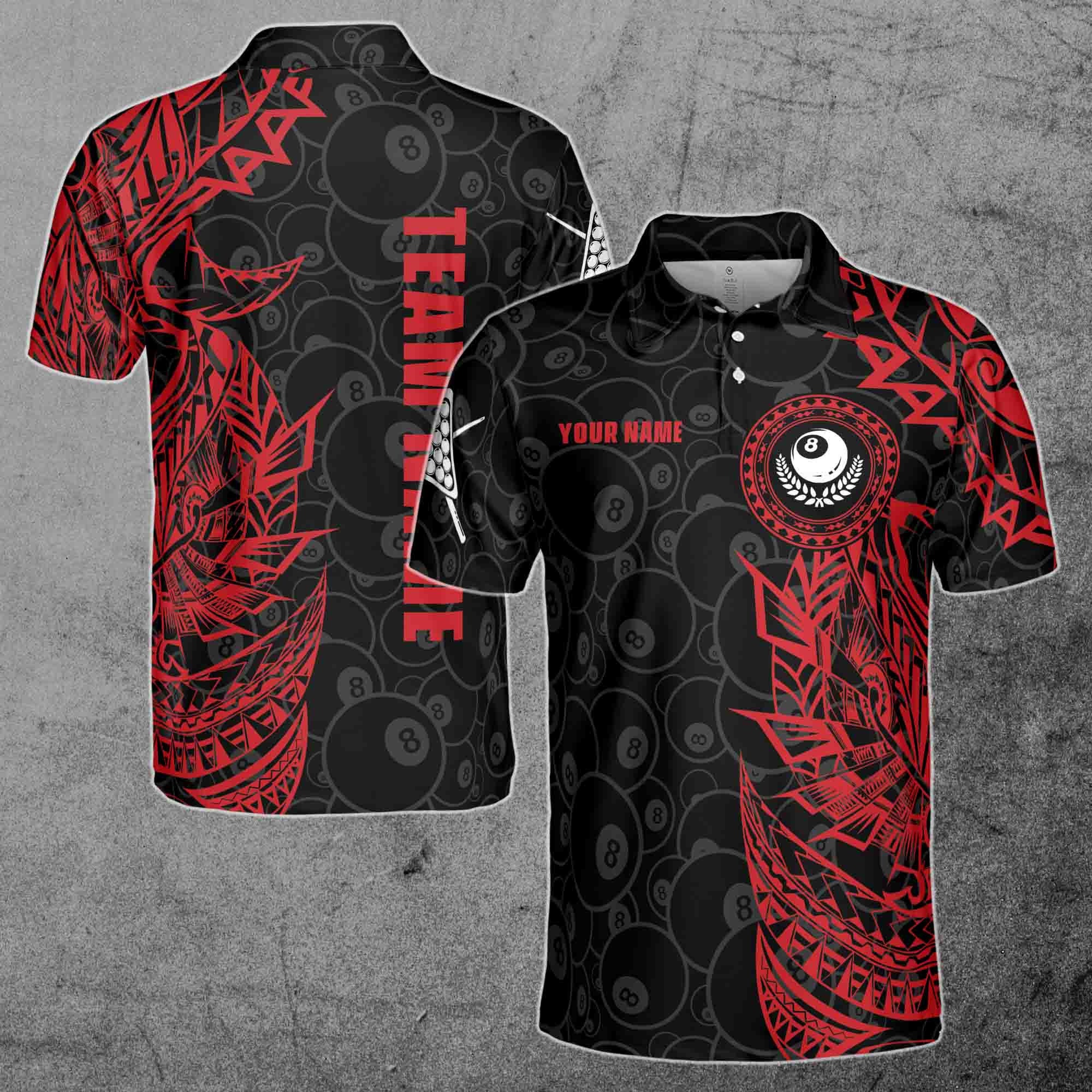 Red Black Tribal Customize Name Billiard Team Polo Shirt