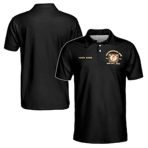 May include: Black polo shirt with a gold embroidered emblem featuring a cross and the text "Your Commandery Name No. 99 Your City, State". The shirt also has the text "Your Name" embroidered on the left chest.
