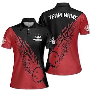 May include: Red and black bowling jersey with a flame design and a bowling ball graphic. The jersey has the text "TEAM NAME" on the back and "YOUR NAME" on the front.