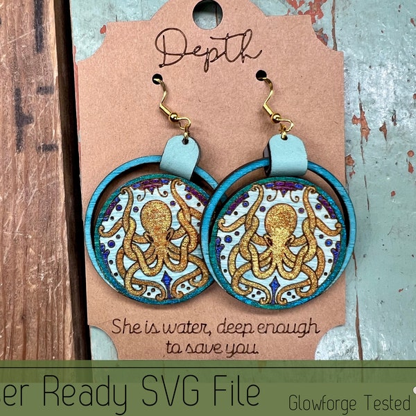 Squid Mandala and Leather Loop Earring Set with Earring Card SVG File for Laser Cutters, Glowforge Ready Jewelry, Score Ready Card
