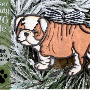 Englische Bulldogge Ornament SVG-Datei für Laserschneider, Hund Glowforge bereit Ornament, Weihnachtsschmuck entzückender Hündchen