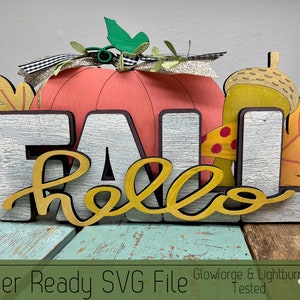 Hello Fall Shelf Sitter SVG File for Laser Cutters, Glowforge Sign Idea, Pumpkin Home Shelf Decor, Laser Cut File