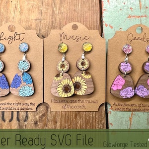 3 Gelaagde Floral Earring Sets met Earring Cards SVG-bestand voor Laser Cutters, Glowforge Ready Sieraden, Score Ready Cards