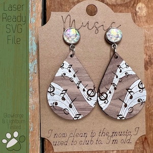 Juego de pendientes de notas musicales con archivo SVG de tarjeta de pendiente para cortadores láser, joyas listas para Glowforge, tarjetas listas para partituras, pendiente láser SVG