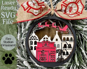 Fire Station Ornament SVG File for Laser Cutters, Glowforge Ready Ornament, 3 Layer Ornament Firefighter Firehouse Fireman Ornament