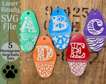 May include: Five colorful keychains with different animal print designs. Each keychain features a large white letter, A through E, in a vintage motel key style. The keychains are laser ready SVG files.