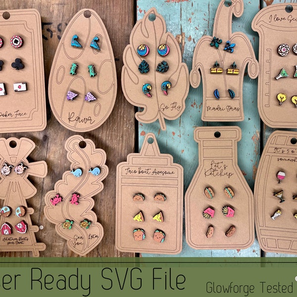 30 Stud Earrings with Earring Cards SVG File for Laser Cutters, Glowforge Ready Jewelry File, Includes 10 Score Ready Cards