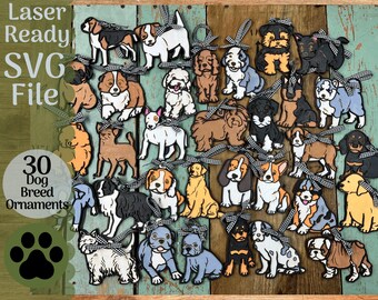 30 Dog Ornament Bundle SVG File for Laser Cutters, Bundle of 30 Glowforge Ready Ornaments, Christmas Ornaments Dog Breeds Adorable