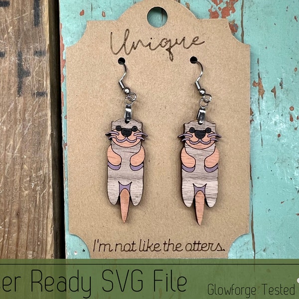 Otter Dangle Earring Set with Earring Card SVG File for Laser Cutters, Glowforge Ready Jewelry, Score Ready Card for Display