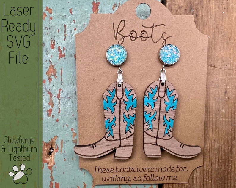 Boots Earring Set with Earring Card SVG File for Laser Cutters, Glowforge Ready Jewelry, Score Ready Cards, Laser Earring SVG image 1