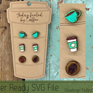 3 Coffee Stud Earrings with Earring Card SVG File for Laser Cutters, Glowforge Ready Jewelry File, Includes Score Ready Cards