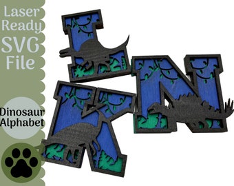Dinosauriealfabetet SVG-fil för laserskärare, Glowforge 3-lagers alfabetet 26 bokstäver, Barn SVG-fil, Rolig och kreativ laserskärningsfil