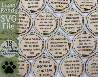 Glowforge およびレーザー カッター用のキーチェーン バンドル SVG ファイル、18 個の Mom Life キーチェーン SVG ファイル、スクラップ プロジェクト Glowforge のアイデア、クラフト ショー ファイル