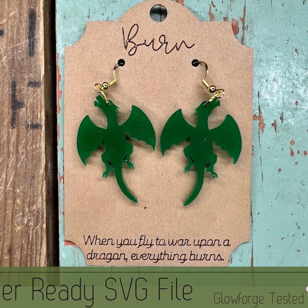 Burn Dragon Dangle Earring Set with Earring Card SVG File for Laser Cutters, Glowforge Ready Jewelry, Score Ready Card for Display