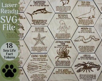 Sea LifeFact Token Bundle SVG file for Glowforge and Laser Cutters, 18 Sea Life SVG Files for Magnets Collectibles Craft Projects Glowforge