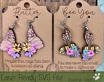 May include: Laser-cut wooden earrings in butterfly and bee designs, adorned with painted floral details in pink, yellow, and purple. The earrings are displayed on brown cards with the text "Flutter" and "Bee You".