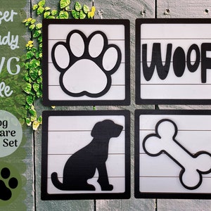Dog Sign Set SVG File for Laser Cutters, 4 Signs with Shiplap and Dog Themed, Glowforge Idea, Laser Ready SVG Puppy Signs or Tiered Tray