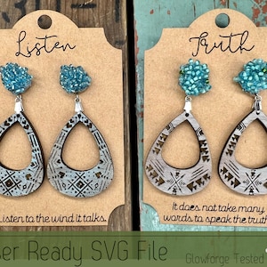 May include: Earrings with a teardrop shape and a tribal design. The earrings have a blue, textured top and are displayed on a brown card with the word "Listen" and the text "Listen to the wind it talks."