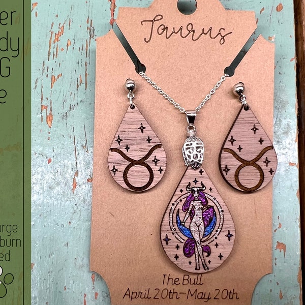 Taurus Zodiac Earring and Pendant Sets SVG File for Laser Cutters, Glowforge Ready Jewelry File Includes Score Ready Jewelry Card
