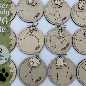 Fichier SVG Keychain Bundle pour Glowforge et Laser Cutters, 12 signes du zodiaque Keychain SVG Files, Scrap Project Glowforge Astrology