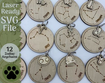 Keychain Bundle SVG file for Glowforge and Laser Cutters, 12 Signs of the Zodiac Keychain SVG Files, Scrap Project Glowforge Astrology