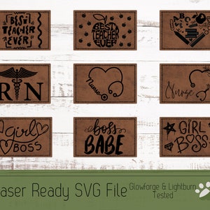 Op de afbeelding: Negen verschillende lasergesneden lederen patches met verschillende ontwerpen en tekst. De ontwerpen omvatten een hart met schoolbenodigdheden, een stethoscoop, een  esculaapstaf en de woorden "Beste leraar aller tijden", "Girl Boss", "Boss Babe", "RN", "Verpleegkundige" en "Surge".