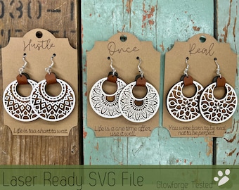 3 Leather Loop and Circle Mandala Earring Sets with Earring Cards SVG File for Laser Cutters, Glowforge Ready Jewelry, Score Ready Cards