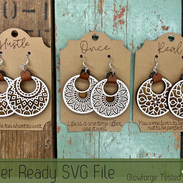 3 Leather Loop and Circle Mandala Earring Sets with Earring Cards SVG File for Laser Cutters, Glowforge Ready Jewelry, Score Ready Cards