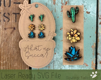 3 Succulent Stud Earrings with Earring Card SVG File for Laser Cutters, Glowforge Ready Jewelry File, Includes Score Ready Cards