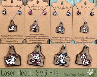 May include: Four wooden signs with cow-themed earrings and necklaces. Each sign features a different cow design and a message for a different family member: granddaughter, daughter, niece, and advice from a cow. The signs are laser-cut and ready to be used for crafting projects.